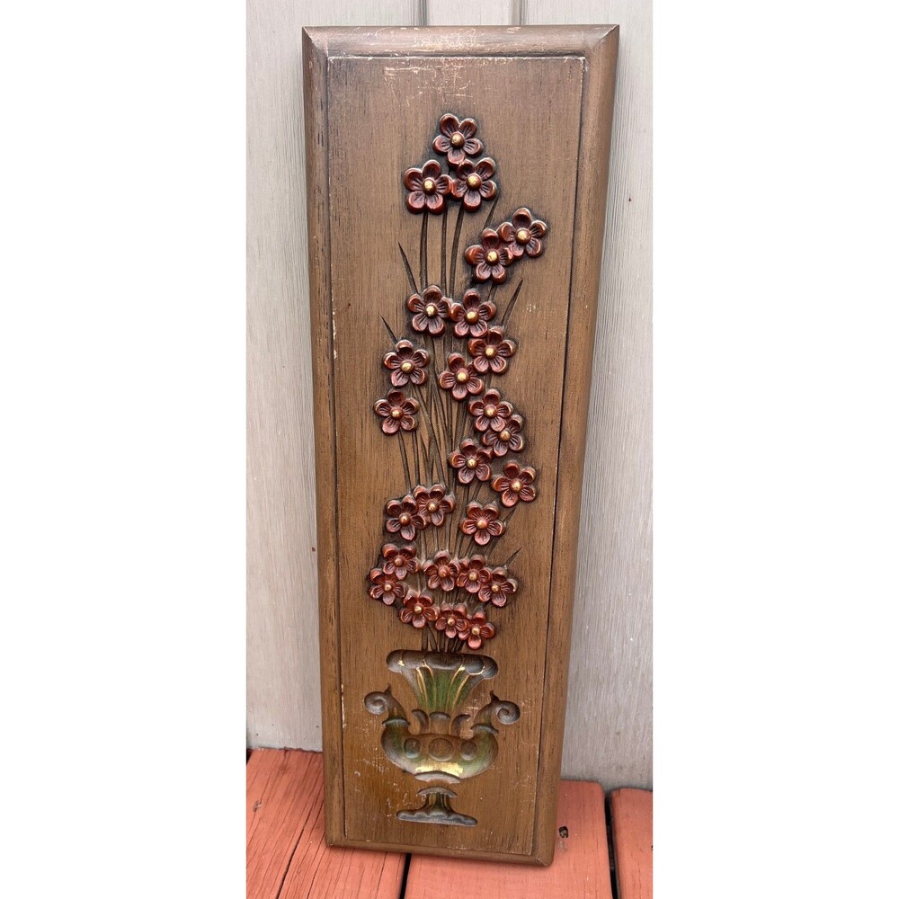 Vintage MCM Burwood Wall Plaque Brown Floral Design In A Vase Molded Plastic